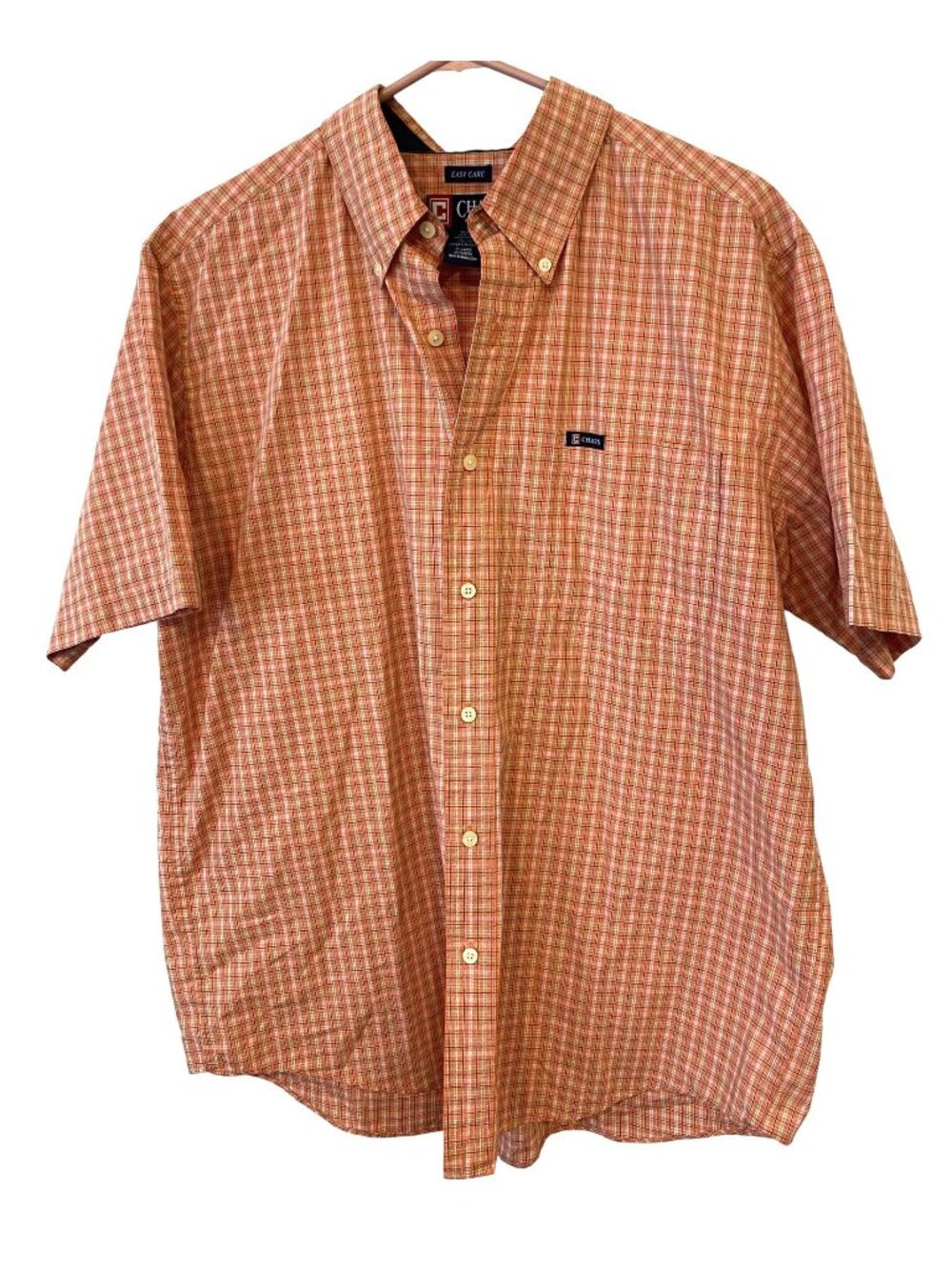 CHAPS Mens L Muted Orange Plaid Easy Care Short Sleeve Button Down Shirt Preppy